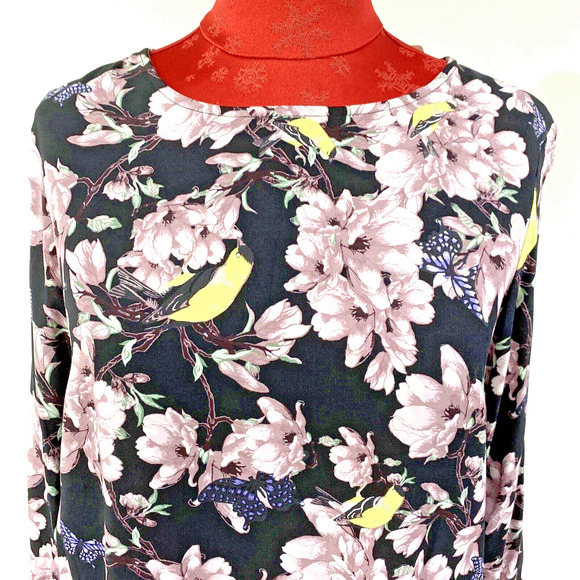 NEW H&M Size 4 Long Sleeve Dress Lilac Floral Print & Goldfinches Boho Casual - Picture 3 of 12